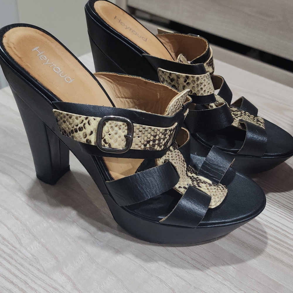 Heyraud Black Platform Heels with Snake-Print Accent Size 39 EU 8 US